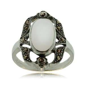  Mother of Pearl Ring Silver W/ Marcasite Oval Ladies 
