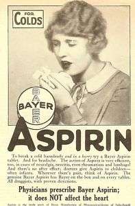 1928 BAYER ASPIRIN art Deco Woman blows nose AD PRINT  