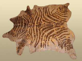 Brazilian Cowhide Rug Devore Zebra W/ Gold Metallic  