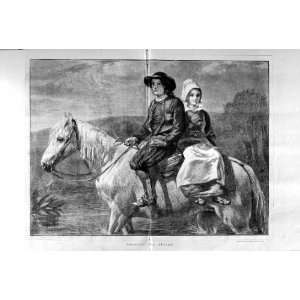  1870 YOUNG BOY GIRL HORSE CROSSING STREAM OLD PRINT