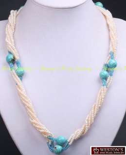 CULTURED WHITE FRESHWATER PEARL TURQUOISE BEAD NECKLACE  