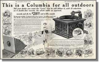 1912 Columbia portable record player phonograph ~ 2 page print ad 