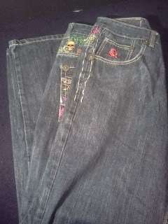 KANJI Skull and Roses Embroidered Jeans Mens Size 36/34 Bright 