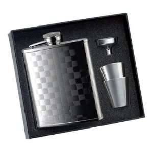  Silver Finish Checkerboard Design Flask   3 Piece Set 