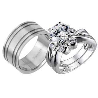 His And Hers 3 Pcs Mens Womens Sterling Silver Titanium CZ Wedding 
