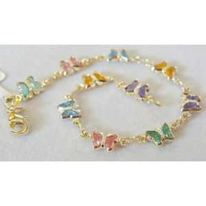 CHILDS 6 18K SKILLUS GOLD MULTICOLOR CZ BUTTERFLY BRACELET, LEAD 