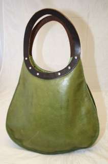 DEAN. LEATHER OLIVE GREEN CUT OUT HANDLE TEARDROP STYLE HOBO BAG 