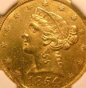 1854 c $5 Gold Half Eagle RARE Charlotte NGC AU Detail Nice FREE 