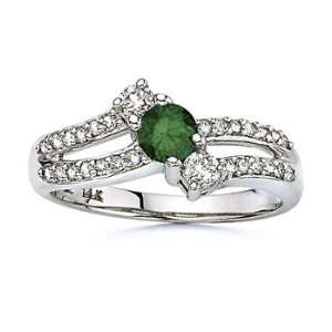  Round Green and White Diamond Split Shank Ring in 14k 
