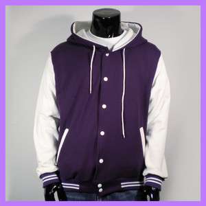 Mens New Hoodie Varsity Baseball Jacket (Purple&White/S,M,L,XL 