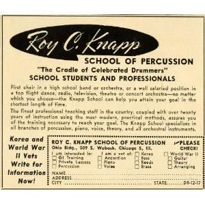  1952 Ad Roy C Knapp Percussion Drum School War Veterans 