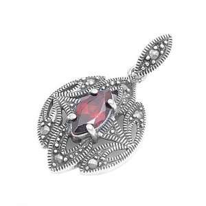   Silver & Garnet CZ Marquise Cut Abstract Marcasite Pendant Jewelry
