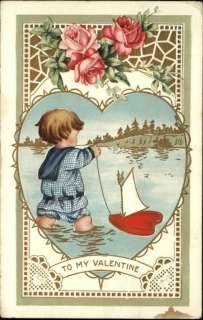 Valentine Boy w Toy Sailboat Roses Gilt Enhanced c1910 Postcard  