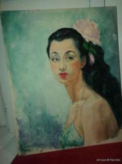 VINTAGE Portrait Woman LONG Black Hair EXOTIC w/ FLOWER Original Oil c 