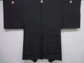 22474# KIMONO SILK / VINTAGE RARE MENS HAORI BLACK / FIVE CREST 