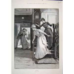  Caught Kissing Under Mistletoe Girls 1890 Antique Print 