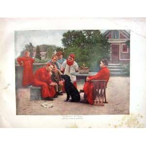  1899 Colour Print Scene Acolytes Play Young Boys Dog