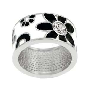  Sterling Silver Black and White Enamel Band Ring: Jewelry