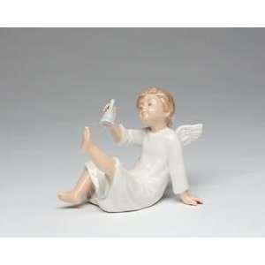 : Boy Angel in White Robe w/ Wings Sitting Down Ringing Bell Figurine 