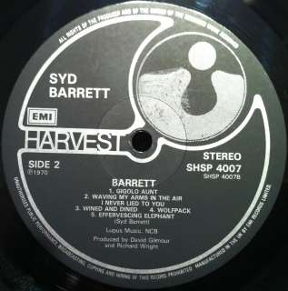 SYD BARRETT barrett LP Mint  SHSP 4007 Vinyl 1970 UK A2/B2 Harvest 