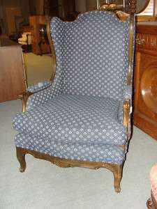 Pair French Style Walnut Wingback Chairs w Blue and White Fabric 