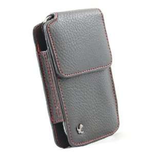 Black Leather Red Stitch Vertical Carrying Pouch Protective Holster 