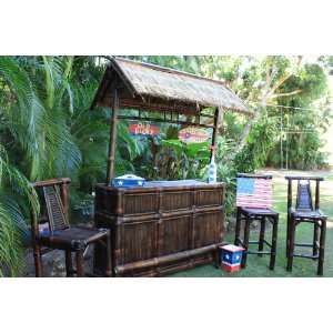   Tiki Bar w/ 3 bar Stools   Outdoor Bamboo Tiki Bar: Kitchen & Dining