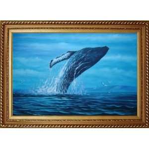 Whale Jumping Out of the Water Oil Painting, with Exquisite Dark Gold 