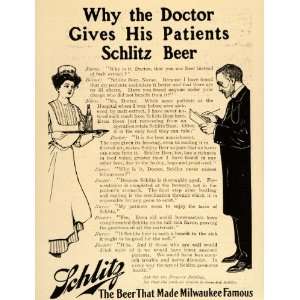 1908 Vintage Ad Schlitz Beer Doctor Nurse Uniform   Original Print Ad