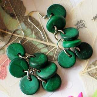 A++Green Coconut Shell Coin Button Bead Dangle Earrings  