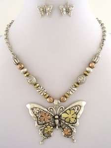 Chunky Tri Tone Beads Flowered Butterfly Pendant Statement Necklace 