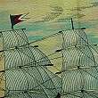 Vintage Nautical WESCO Barkcloth Fabric Panel Tall Ship  