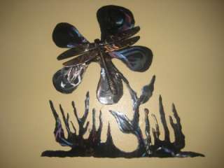 UTENSIL WELDED DRAGONFLY ON A FLOWER METAL SCULPTURE WALL ART AND 
