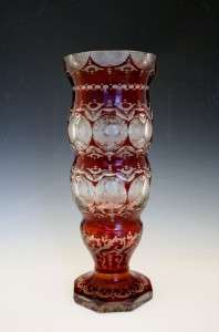   19C BOHEMIAN CRANBERRY & CLEAR ACID ETCHED ART GLASS VASE NO RESERVE