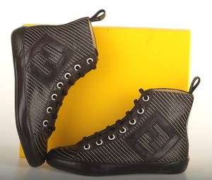 NEW FENDI FF SIGNATURE BROWN LEATHER HIGH TOP SHOES SNEAKERS BOOTIES 