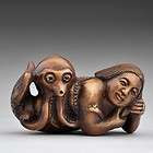 Japan Craft Wood Boxwood Netsuke Sculpture Carvings Octopus on Mermaid