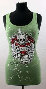VOCAL Tank Top Green Shirt Skull Roses Rhinestones NEW  