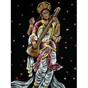 Indian Goddess Saraswati Handmade Oil Painting on Velvet Fabric Canvas 