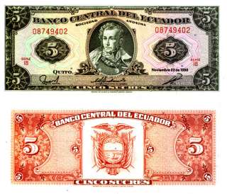 Ecuador 5 Sucres Banknote Crisp Uncirculated (UNC) P 113D 1988