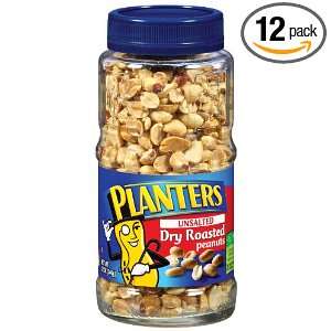 Planters Peanuts, Dry Roasted, Unsalted, 12 Ounce Jars (Pack of 12 