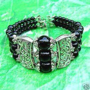 WOW! Beautiful Tibet Jewelry Silver Black Jade bead Bracelet     FREE 