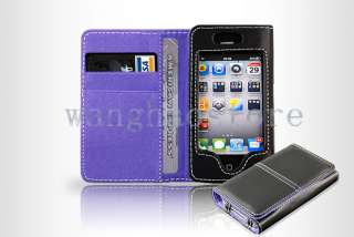   Card ID Pouch Wallet Leather Flip Case For Apple Iphone 4 4S 4G Purple