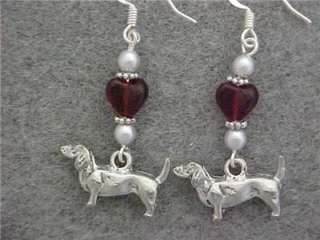 Doxie Daschund Drop Charm Earrings Red Hearts Pearls SP  
