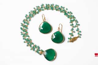 Vermeil Artigiano / Emerald Heart Set / Green Onyx Earrings Pendant 