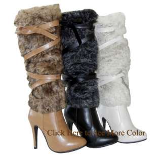   Faux Fur Double Wrapped Straps Knee High Heel Boots Black AllSz  