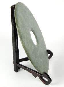 LARGE GREEN JADE DISPLAY COIN Feng Shui Disc Disk Stand  
