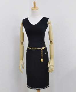 Vintage authentic Chanel CC Gold tone Chain and Black leather belt CC 