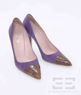 Prada Purple Satin Brown Crocodile Cap Toe Pumps Size 39.5  