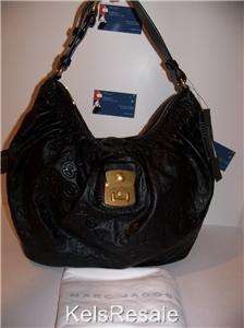   Black Embossed LEATHER Signature Logo Shoulder Bag Hobo $398  