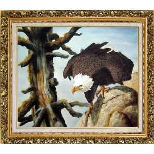  Bald Eagle On Rocks Oil Painting, with Ornate Antique Dark 